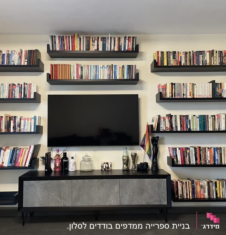 מדפים שחורים עם ספרים על קיר לבן